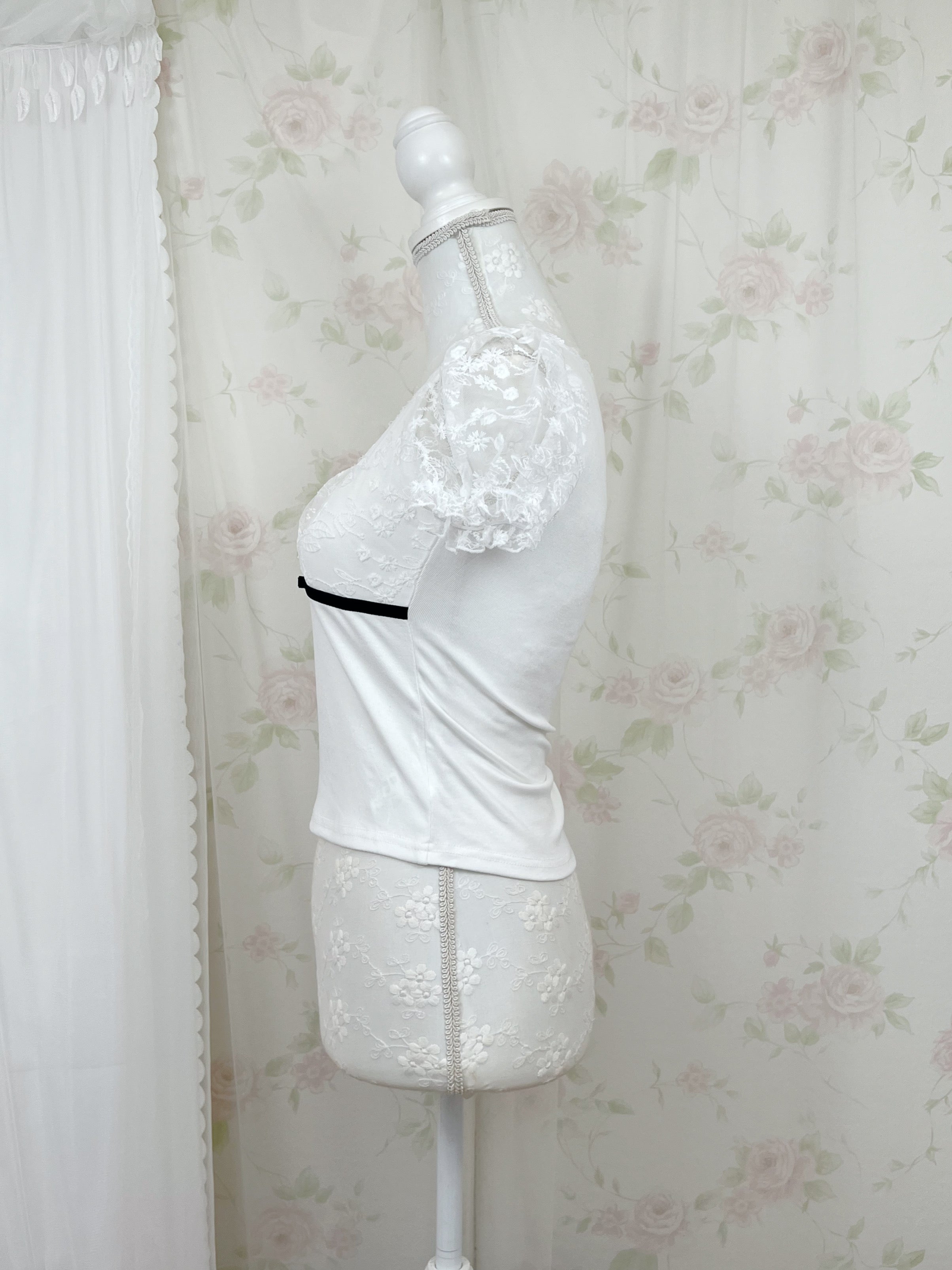 Lacy Sleeve Bow Top (White)
