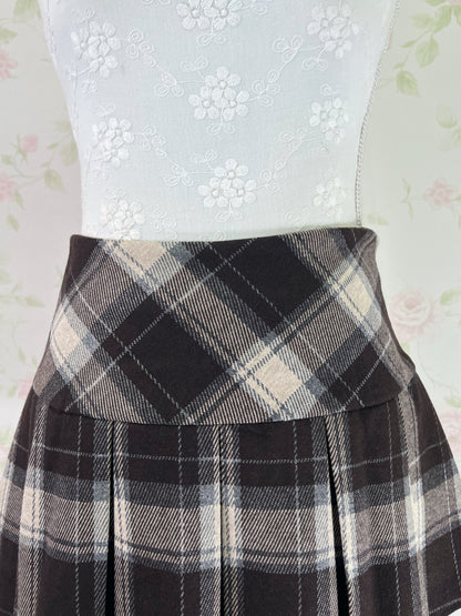 Wool Like Checked Pleated Skirt (Brown)