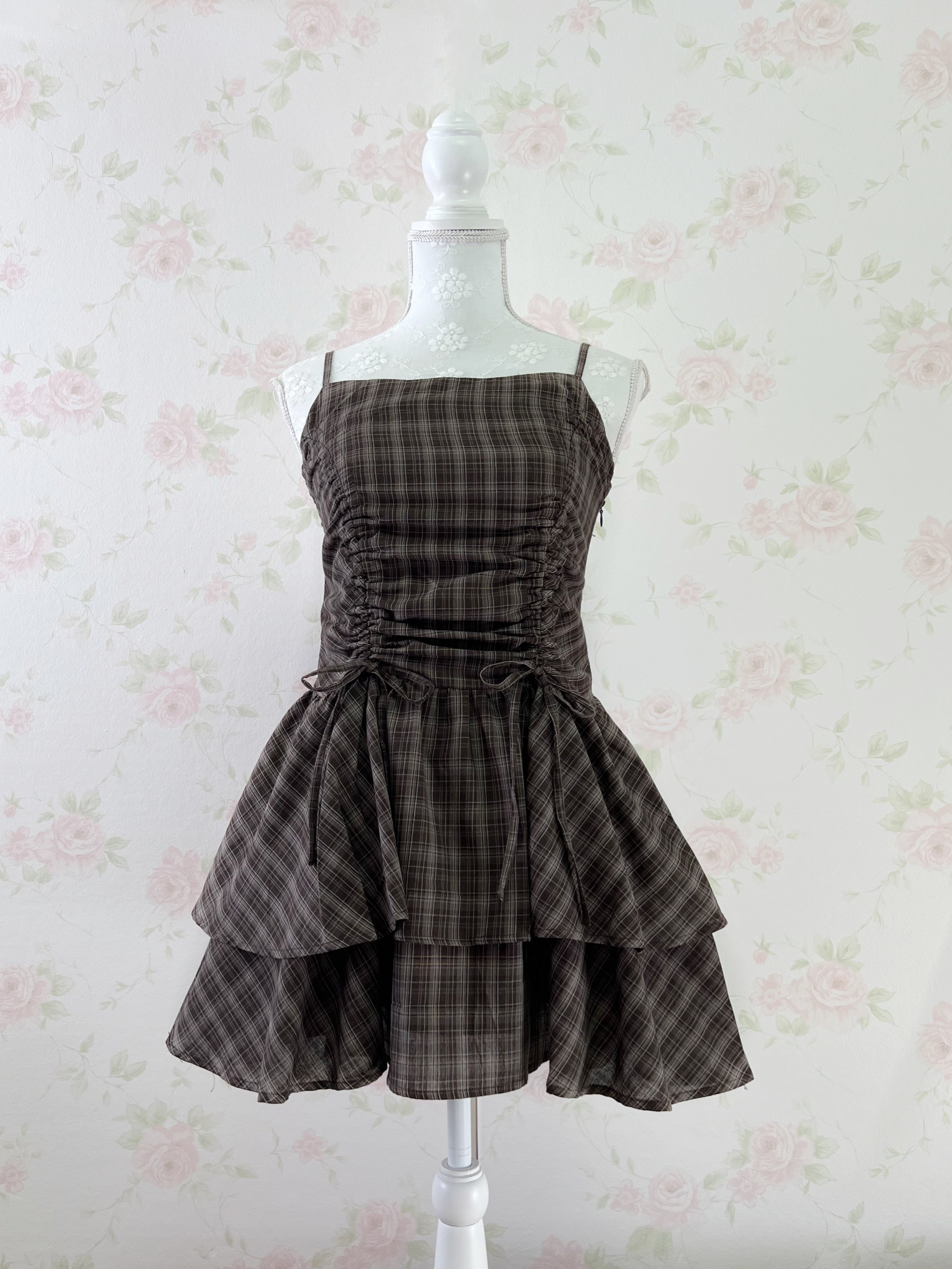 Side String Checked Camisole Dress (Brown)