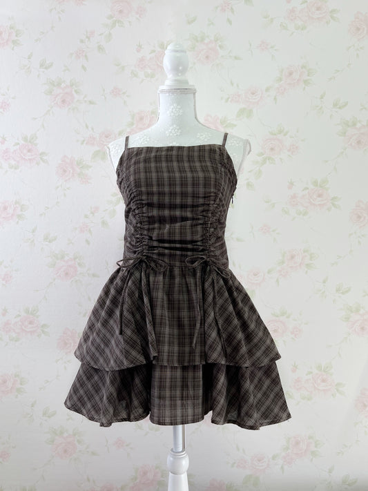 GRL Side String Checked Camisole Dress (Brown)