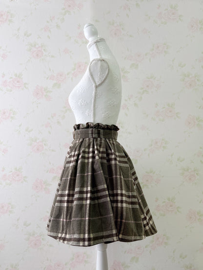 evelyn Heart Buckle Belt Checked Skirt (Brown)