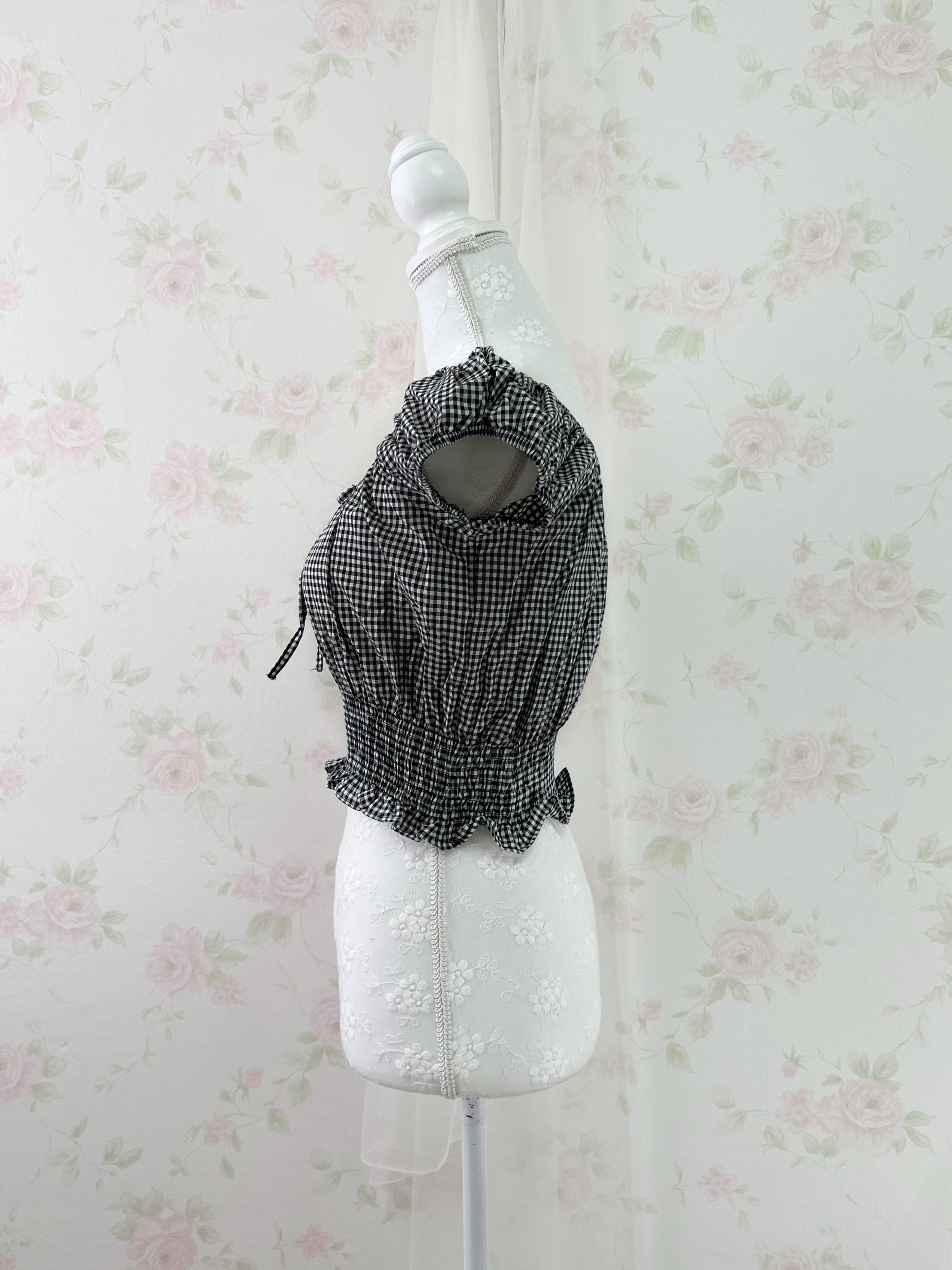 2 Way Gingham Checked Cotton Blouse (Black)