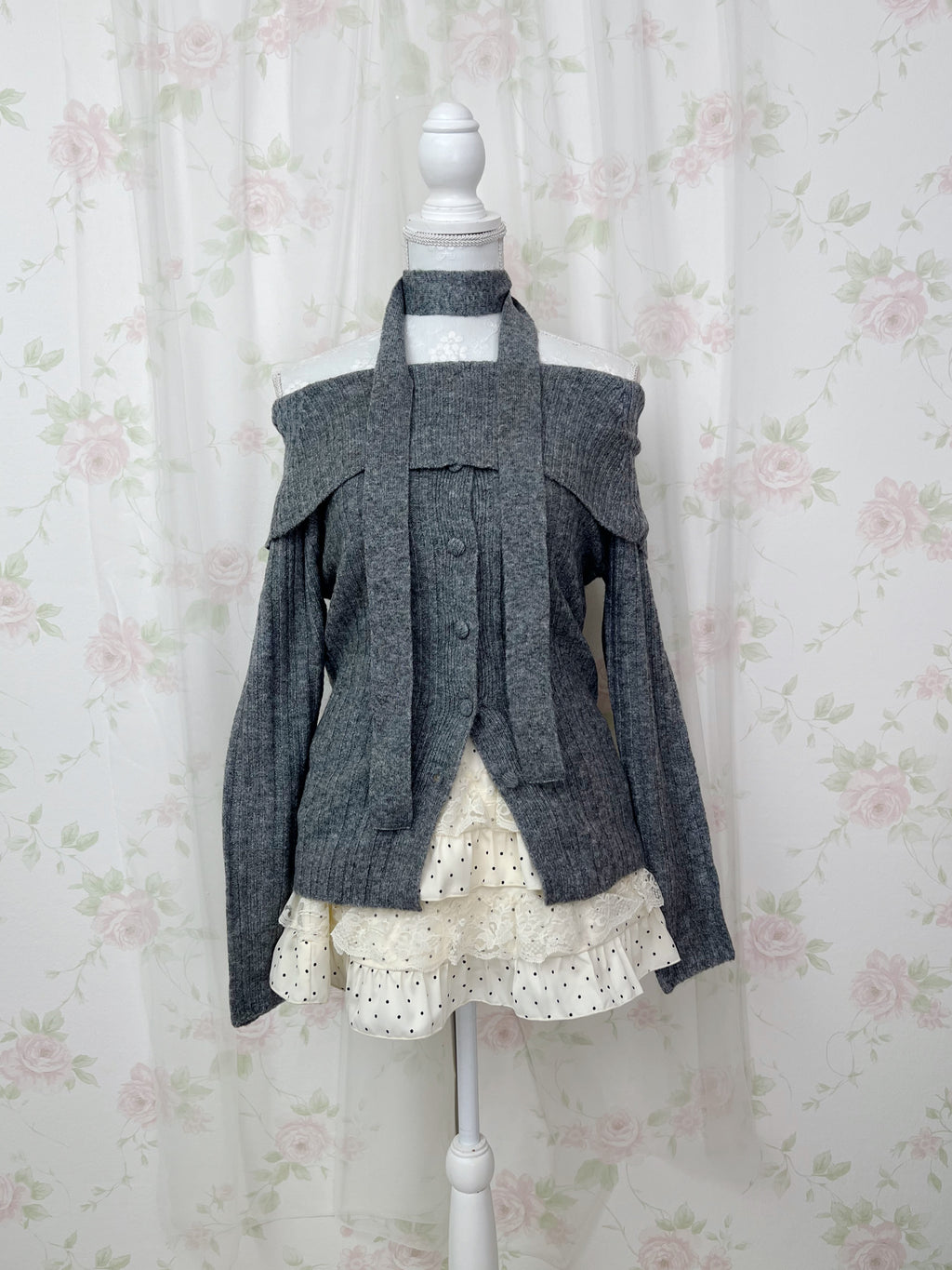 Off Shoulder Button Up Knit Top (Gray)