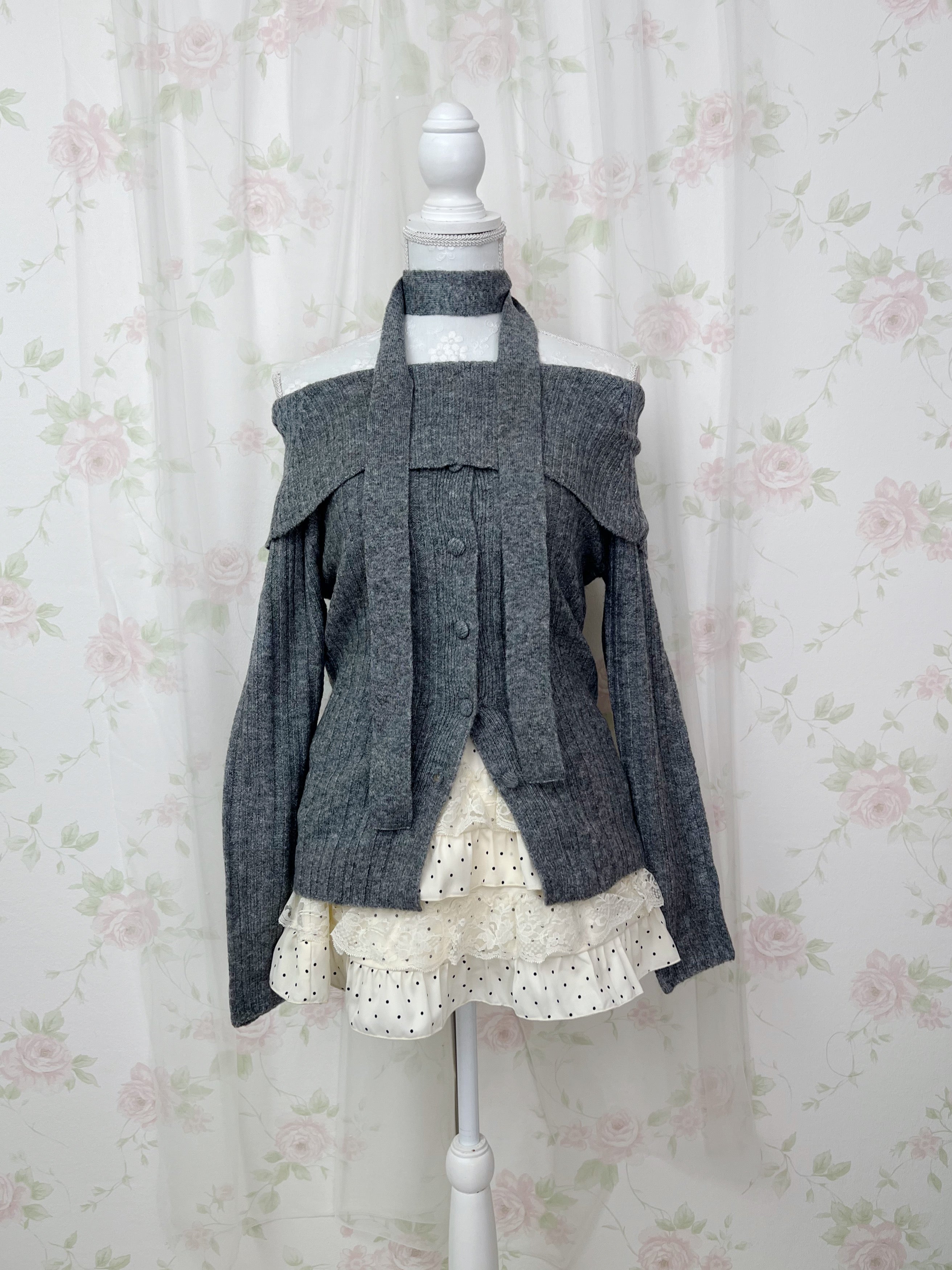 Off Shoulder Button Up Knit Top (Gray)