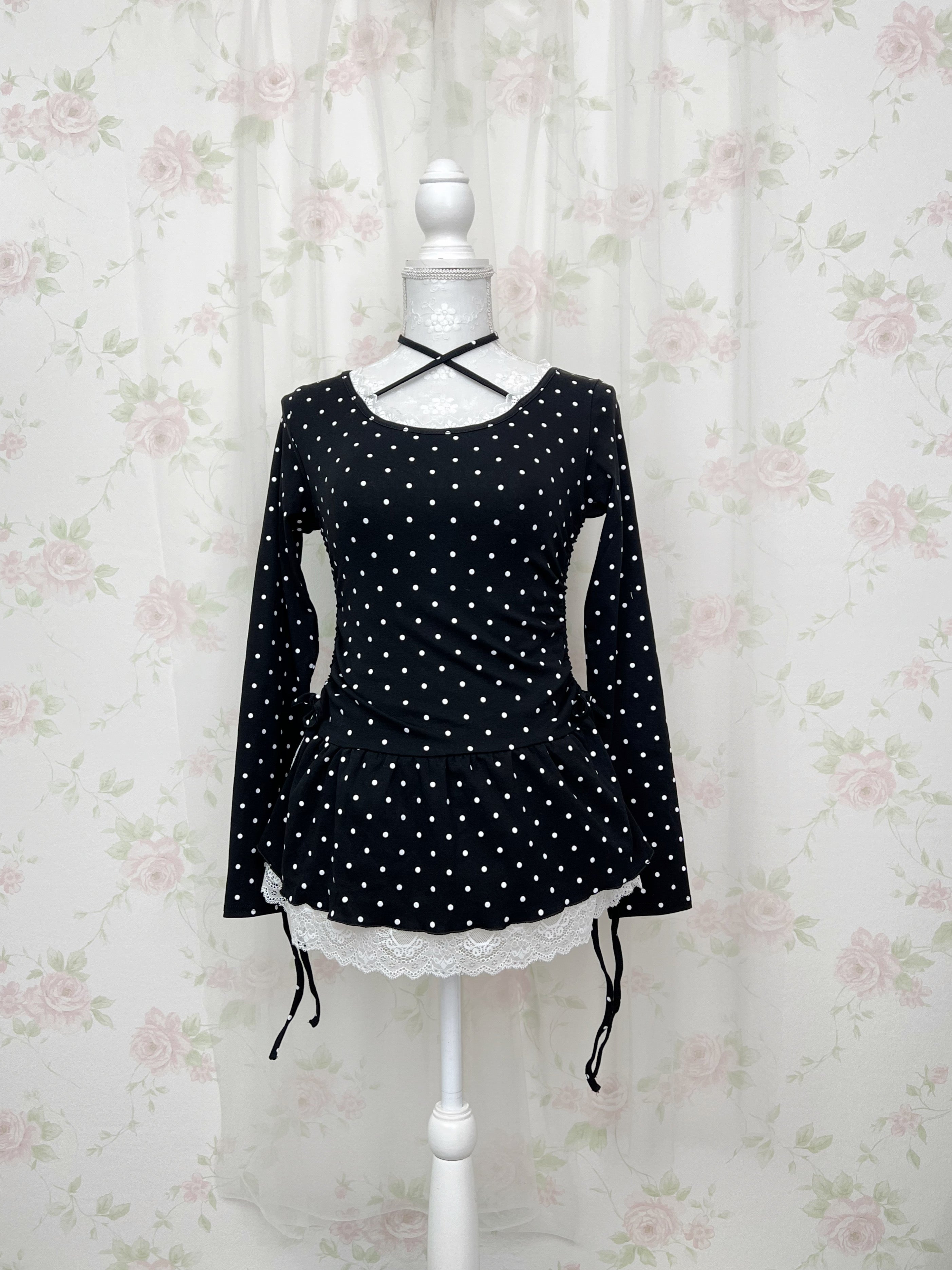 Halter Neck Polka Dot Tunic Top (Black)