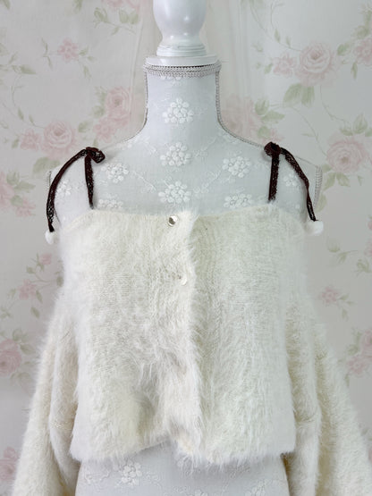 MultiPal Store Original Pom Pom Lace Strap Shaggy Sweater (Ivory)