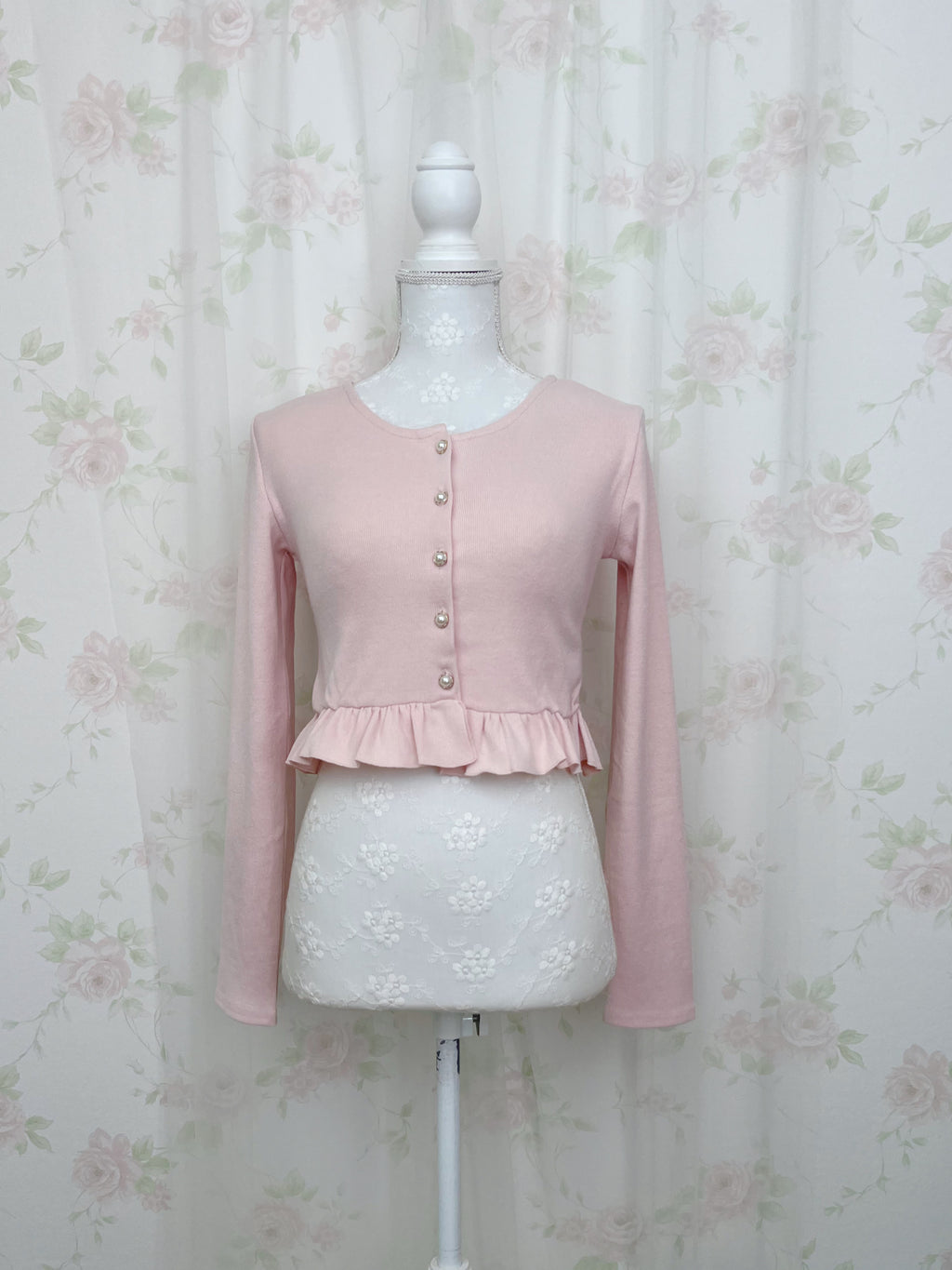 Ruffled Hem Pearl Button Cardigan (Pink)
