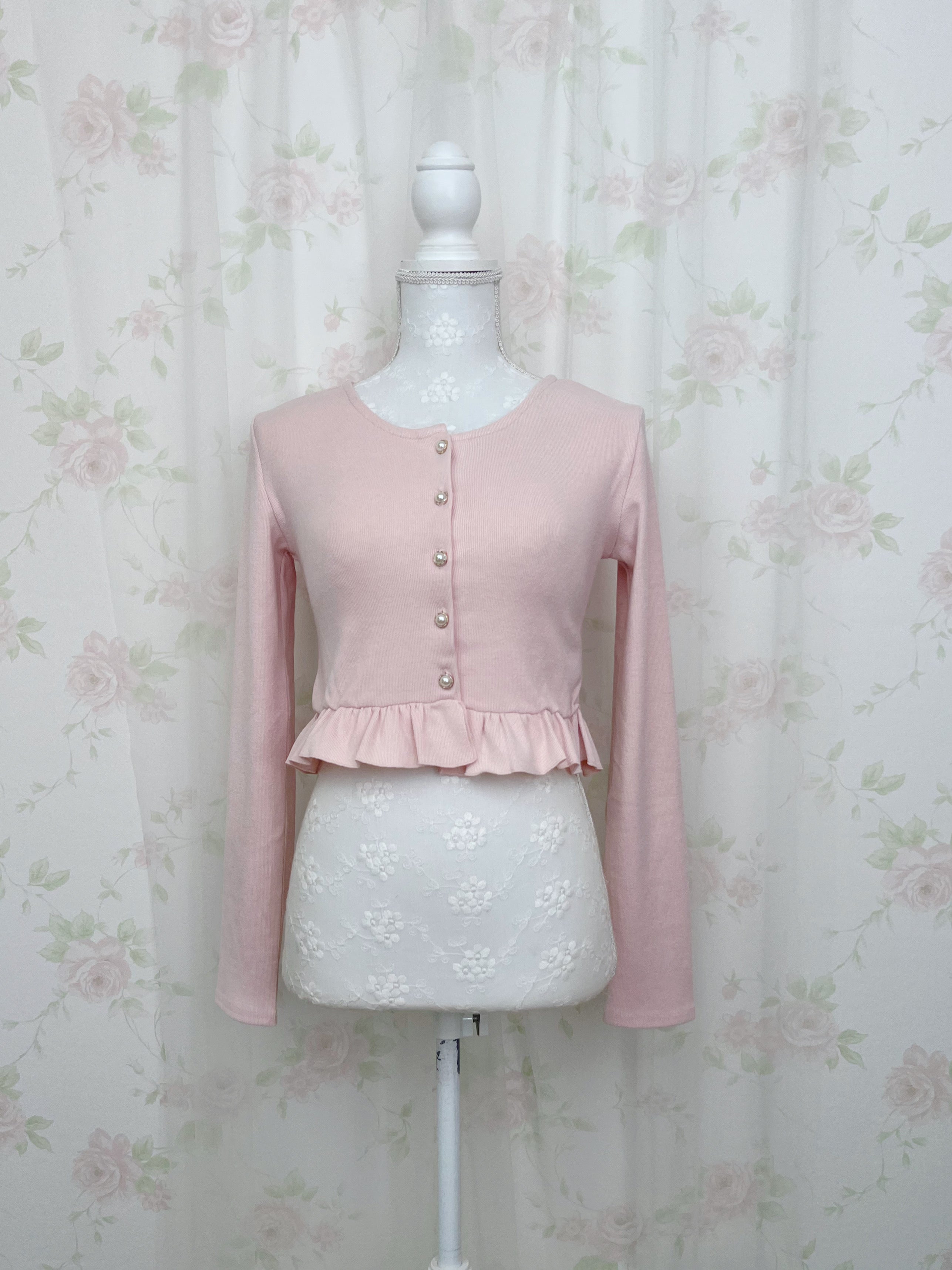 Ruffled Hem Pearl Button Cardigan (Pink)