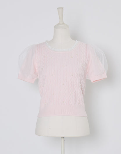 mellfy memory Pearl cable knit Lace arm warmer Knit Top