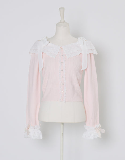 (Pre-order) mellfy memory Ruffle and lace cuff ribbon Knit Top