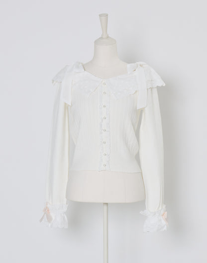 (Pre-order) mellfy memory Ruffle and lace cuff ribbon Knit Top