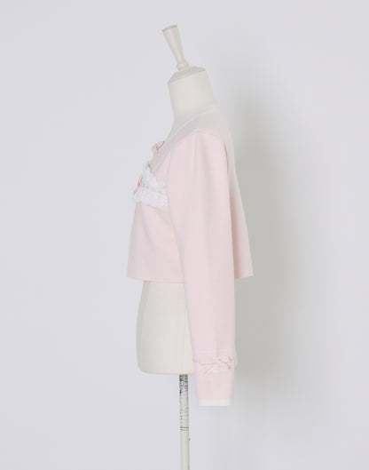 (Pre-order) mellfy memory Cotton lace and ribbon bicolor Cardigan