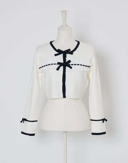 (Pre-order) mellfy memory Cotton lace and ribbon bicolor Cardigan