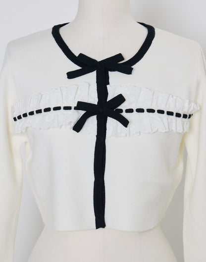 (Pre-order) mellfy memory Cotton lace and ribbon bicolor Cardigan