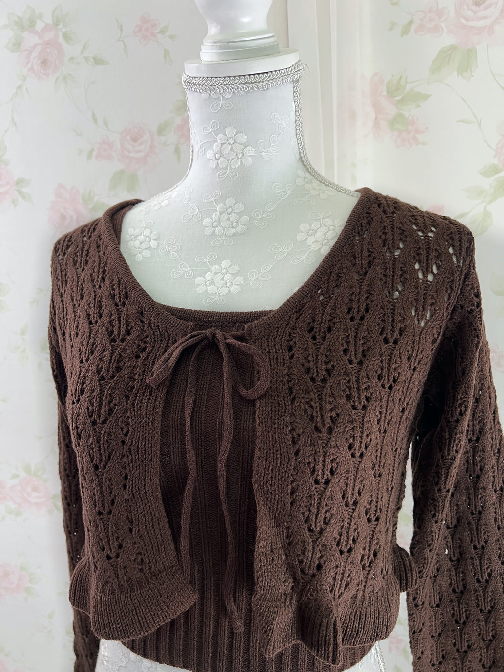 Ruffled Hem Knitted Camisole Cardigan Set (Chocolate)