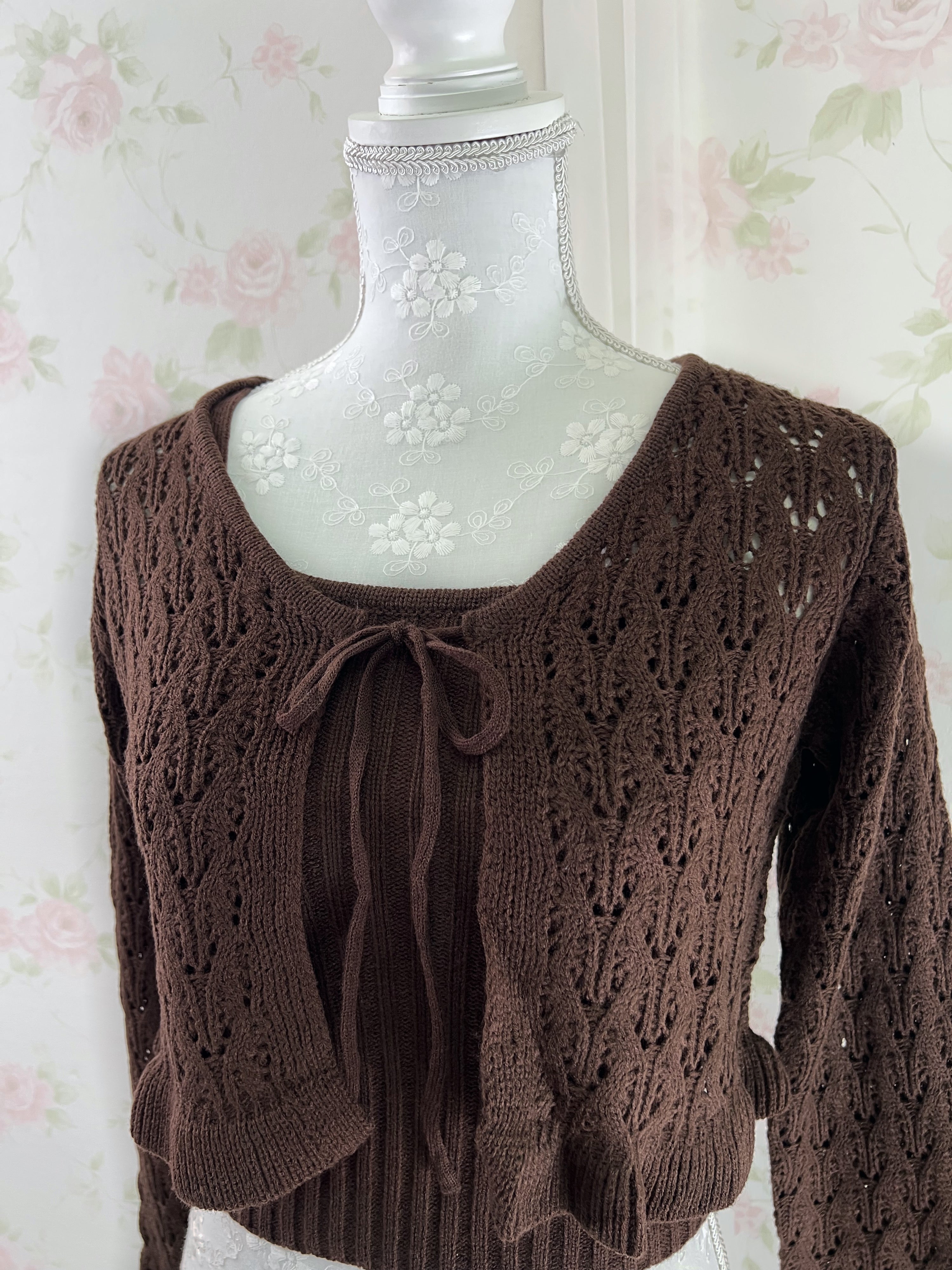 Ruffled Hem Knitted Camisole Cardigan Set (Chocolate)