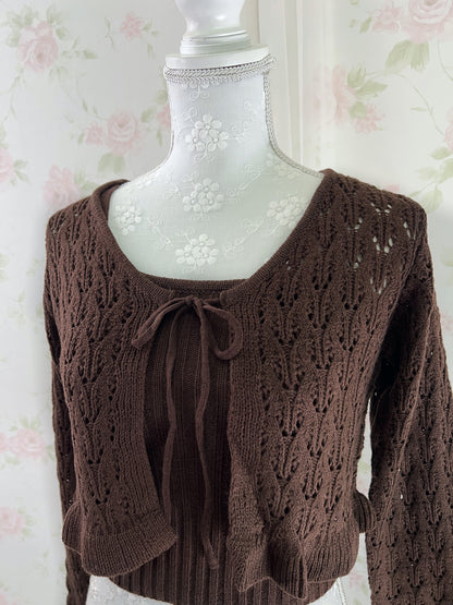 GRL Ruffled Hem Knitted Camisole Cardigan Set (Chocolate)
