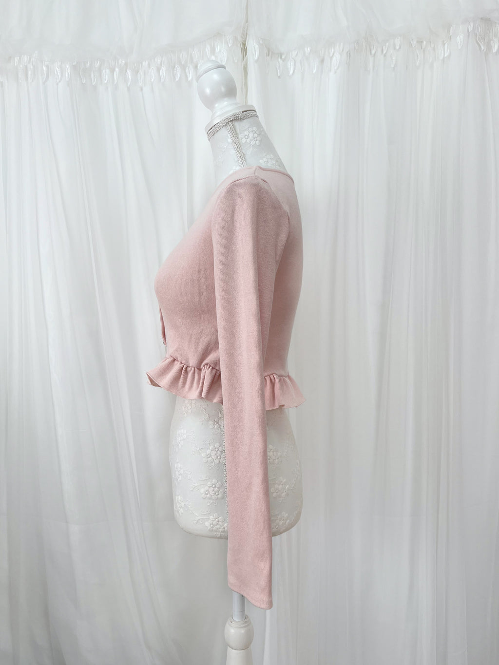 Ruffled Hem Pearl Button Cardigan (Pink)
