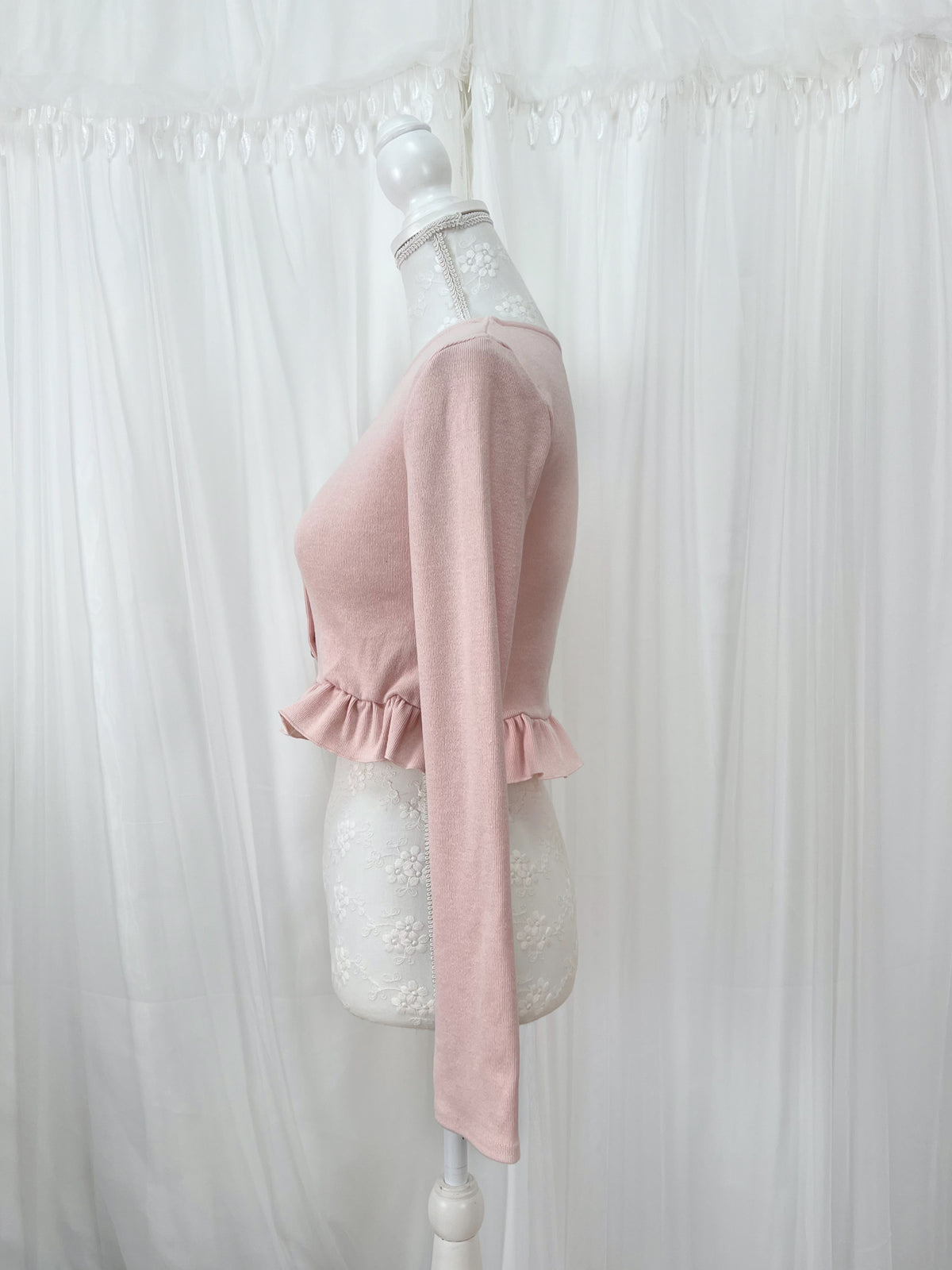 Ruffled Hem Pearl Button Cardigan (Pink)