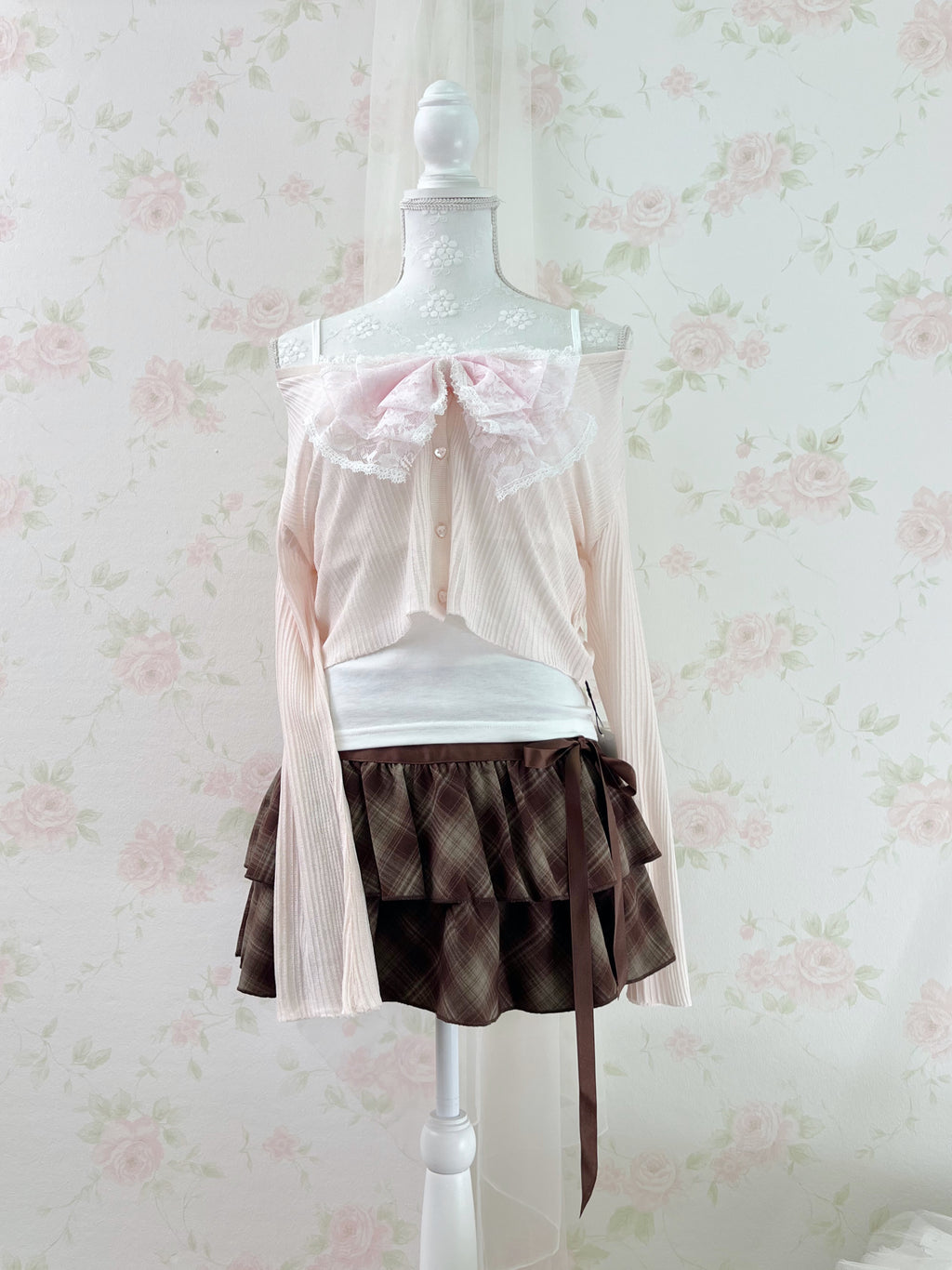 Side Bow Checked Shoujo Mini Skirt (Brown) S,M,L