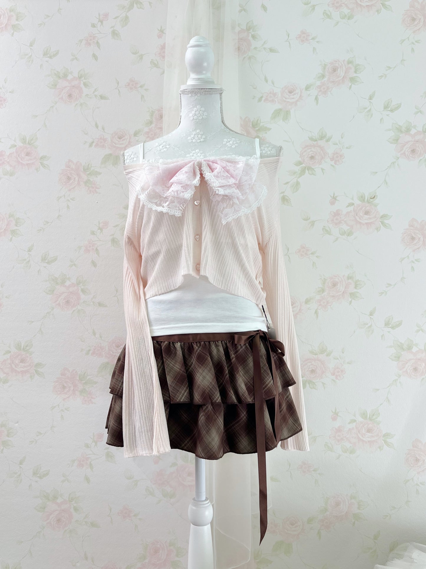 Side Bow Checked Shoujo Mini Skirt (Brown)