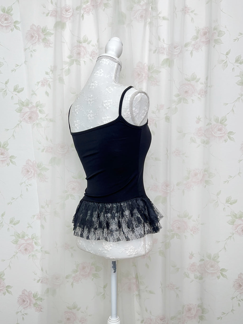 One Shoulder Knit Lace Camisole Set (Black)