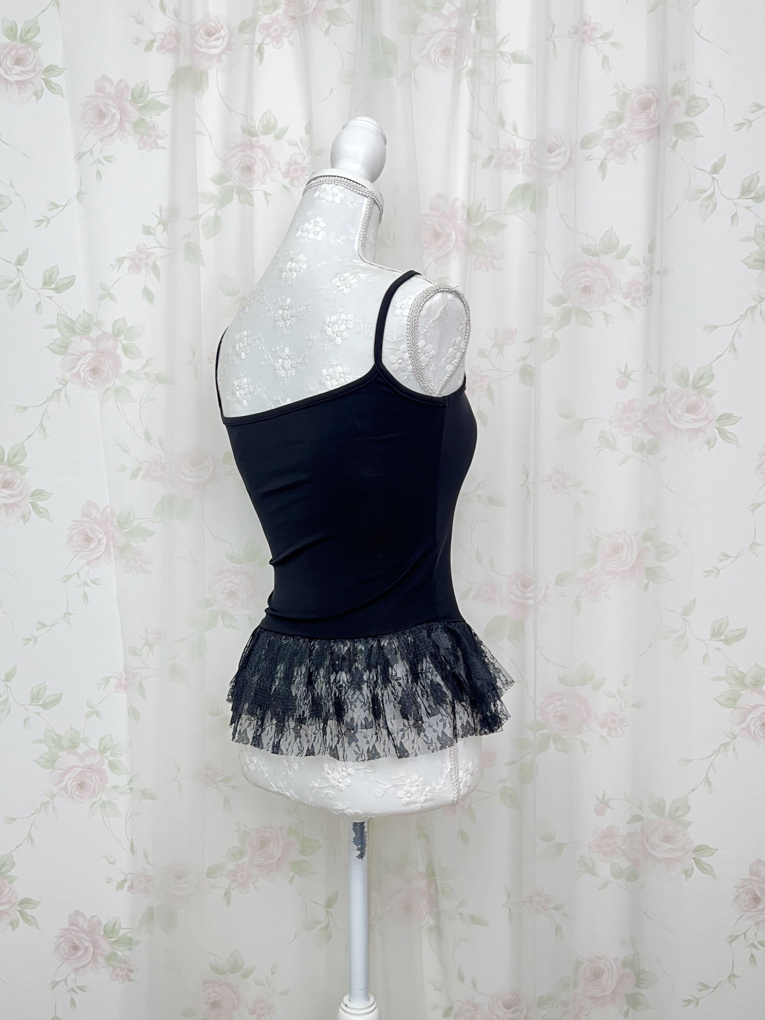 One Shoulder Knit Lace Camisole Set (Black)