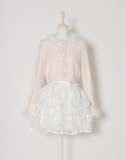 mellfy memory Fluffy pom-pom ribbon knit cardigan