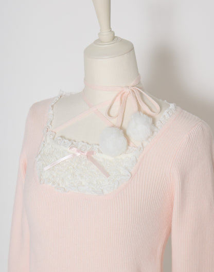 mellfy memory Ribbon Pompom Choker Angel knit