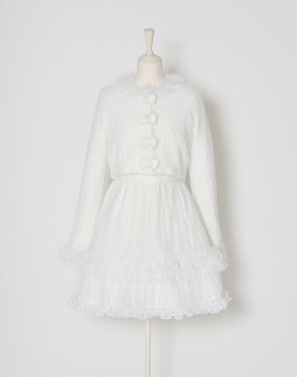 mellfy memory Fluffy pom-pom ribbon knit cardigan