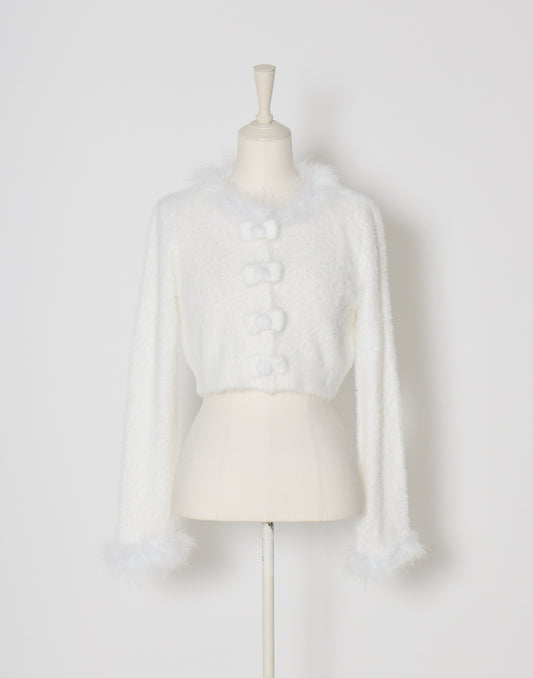 mellfy memory Fluffy pom-pom ribbon knit cardigan
