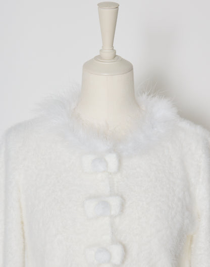 mellfy memory Fluffy pom-pom ribbon knit cardigan