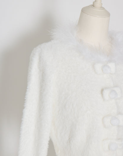 mellfy memory Fluffy pom-pom ribbon knit cardigan
