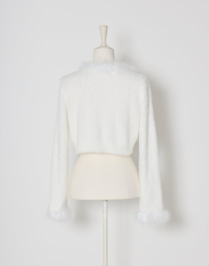 mellfy memory Fluffy pom-pom ribbon knit cardigan