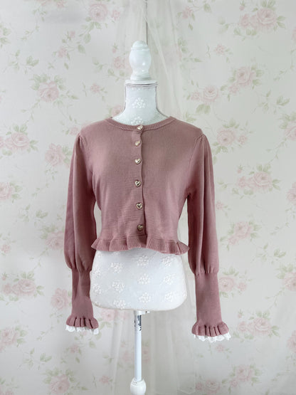 Gold Heart Button Cotton Lace Sleeve Cardigan (Pink)