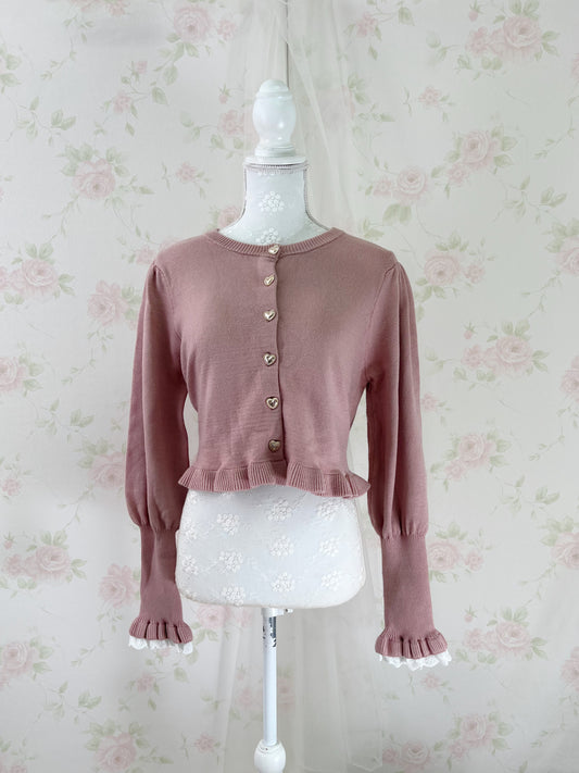 Gold Heart Button Cotton Lace Sleeve Cardigan (Pink)