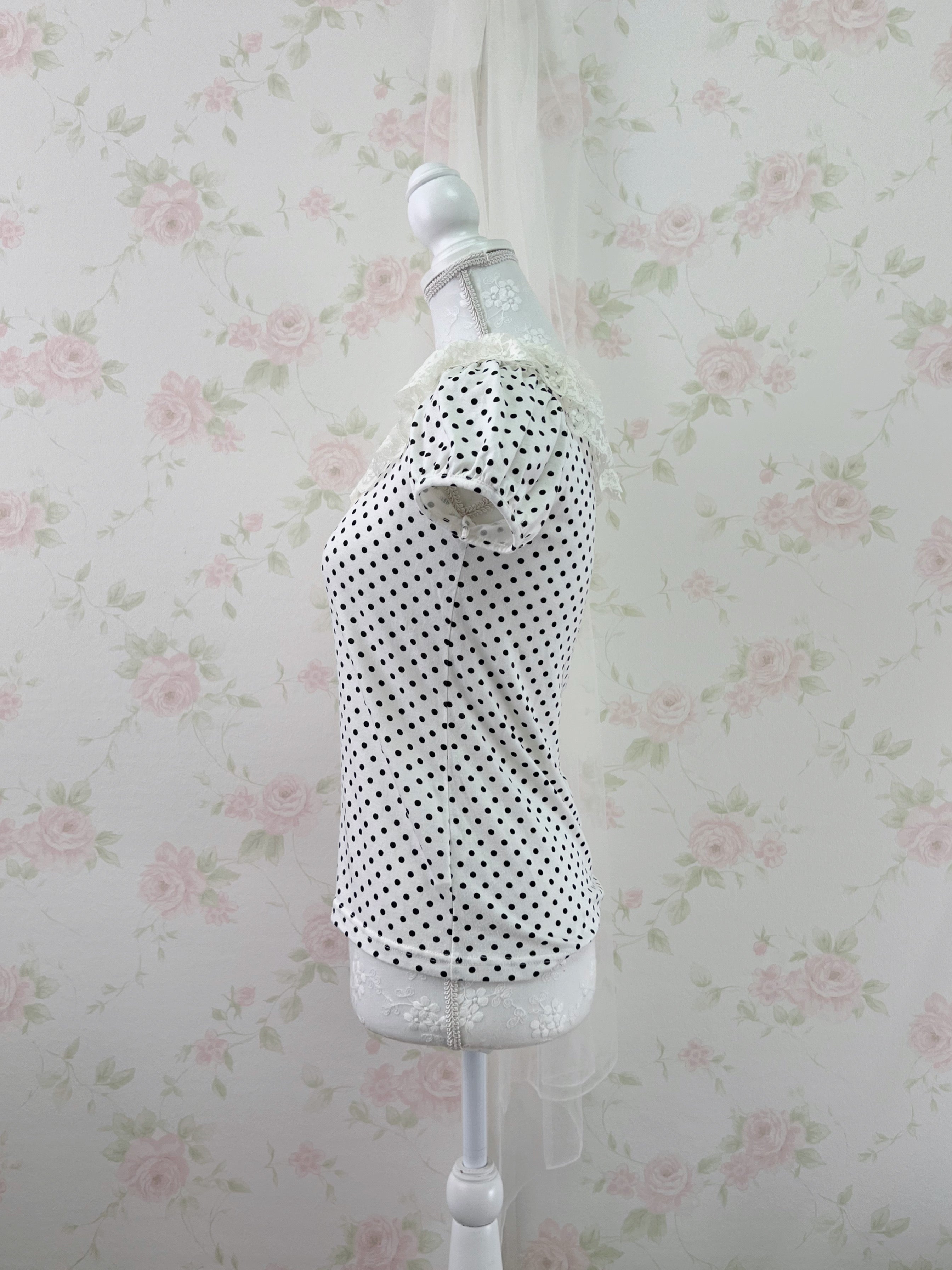 L'EST ROSE Lace Collar Polka Dot T-Shirt