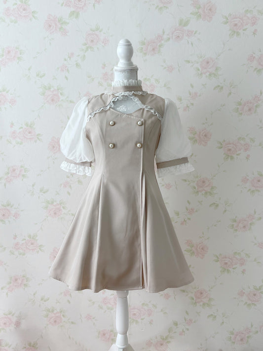 ROJITA Organdy Puff Sleeved Pearl Button Dress (Beige)