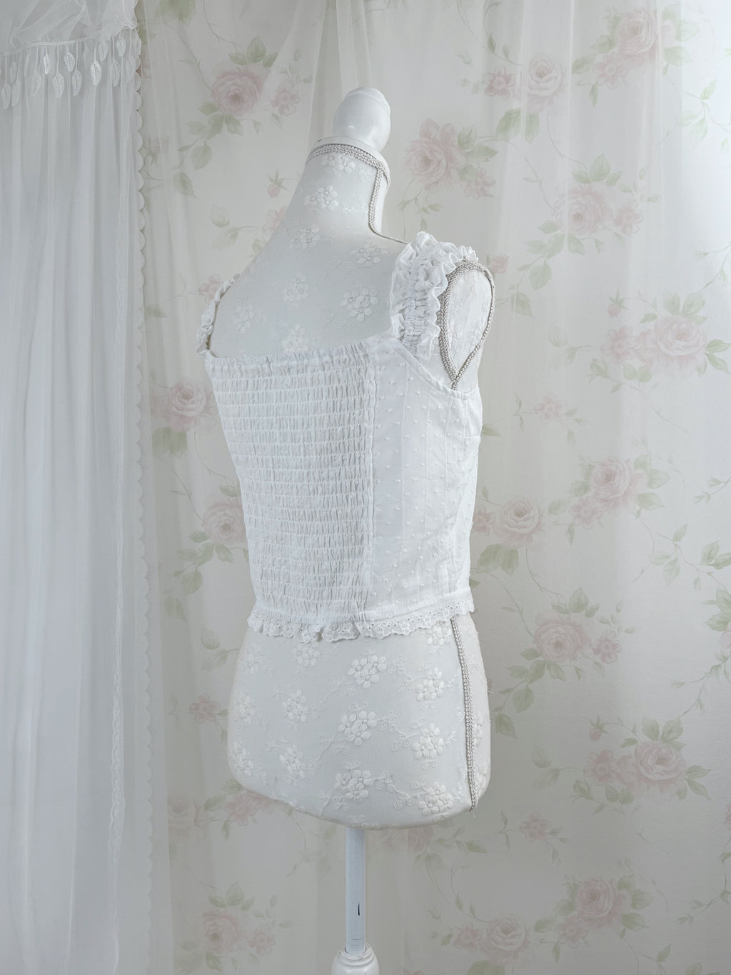 Cotton Lace Gather Strap Top (White)