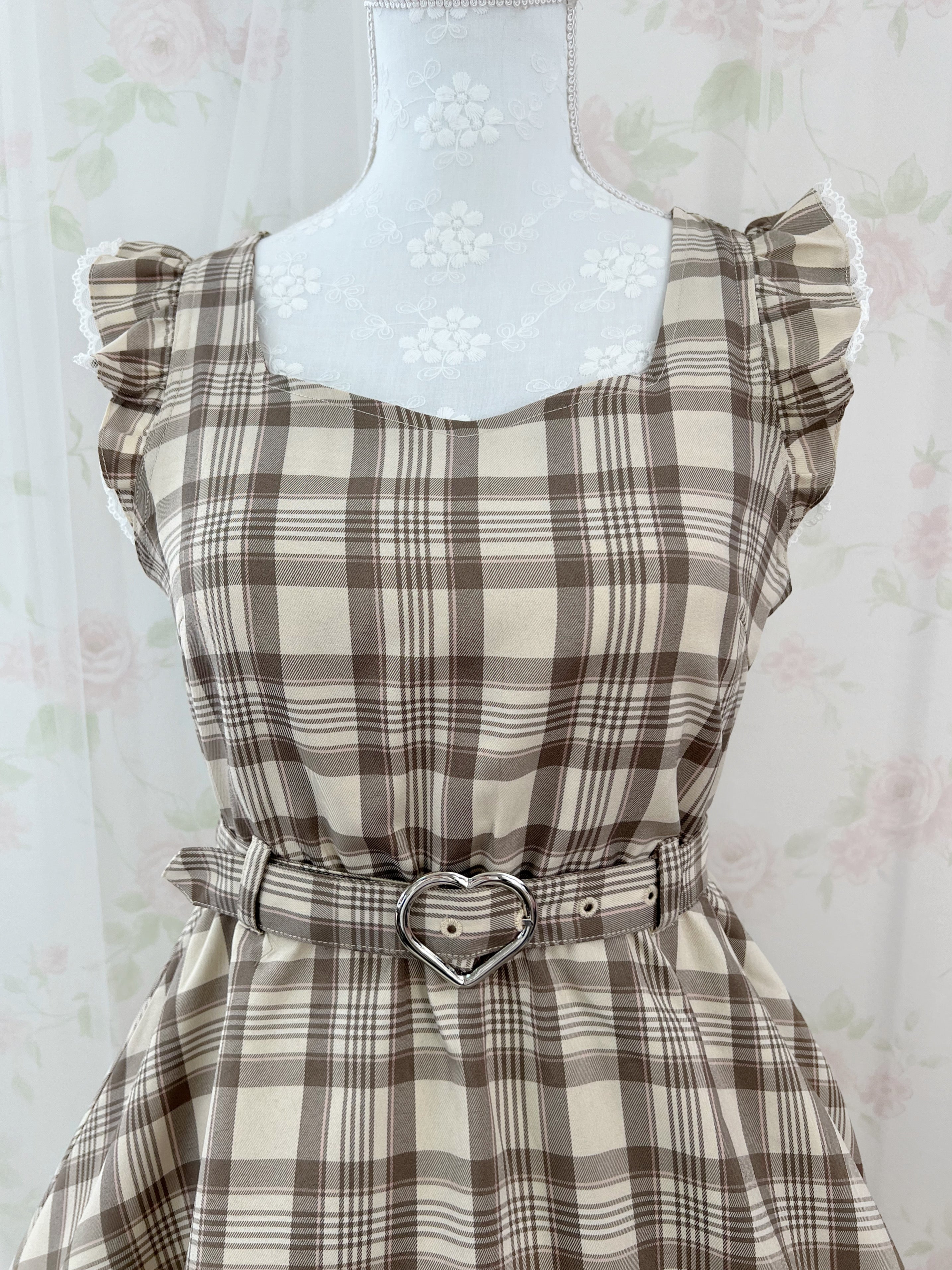 Honey Cinnamon Heart Buckle Belt Checked Dress
