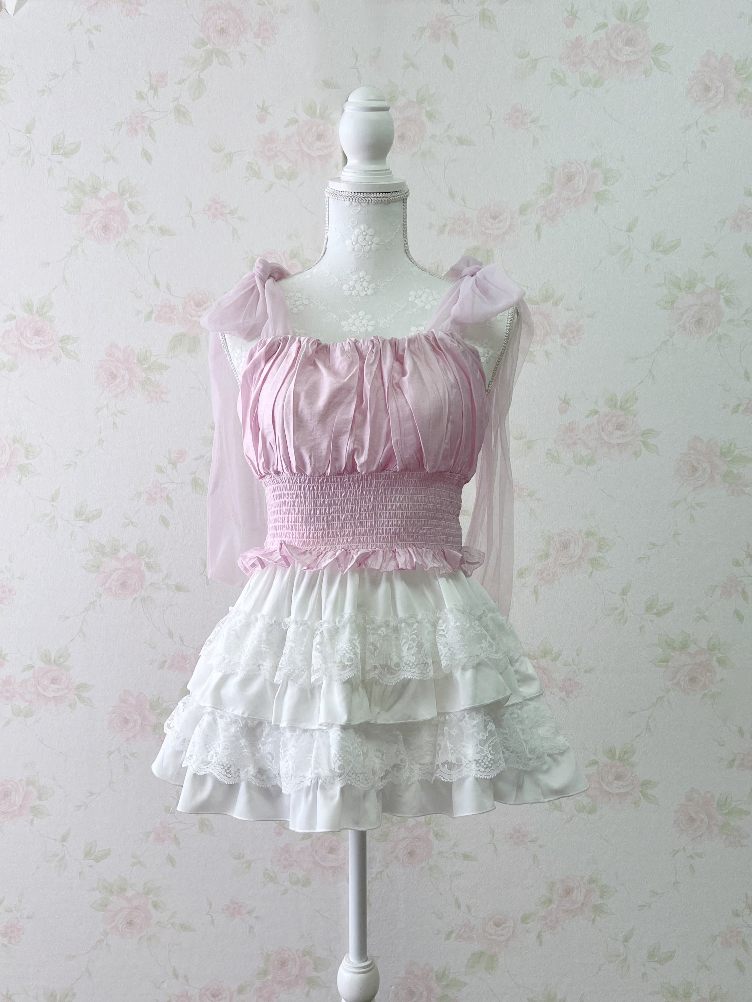 Chiffon Shoulder Bow Silky Top (Pink)