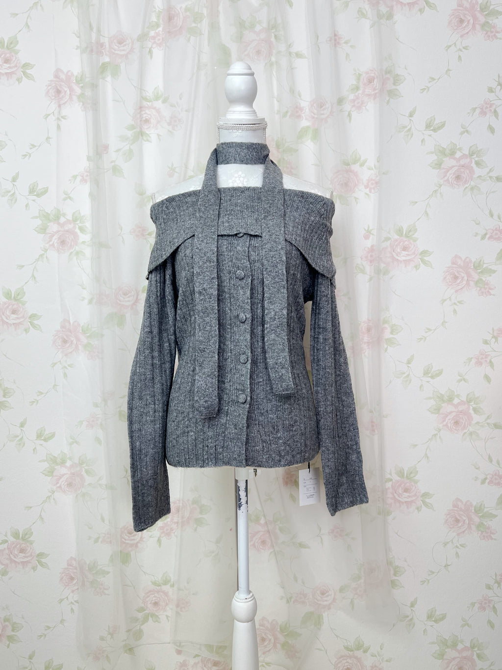 Off Shoulder Button Up Knit Top (Gray)
