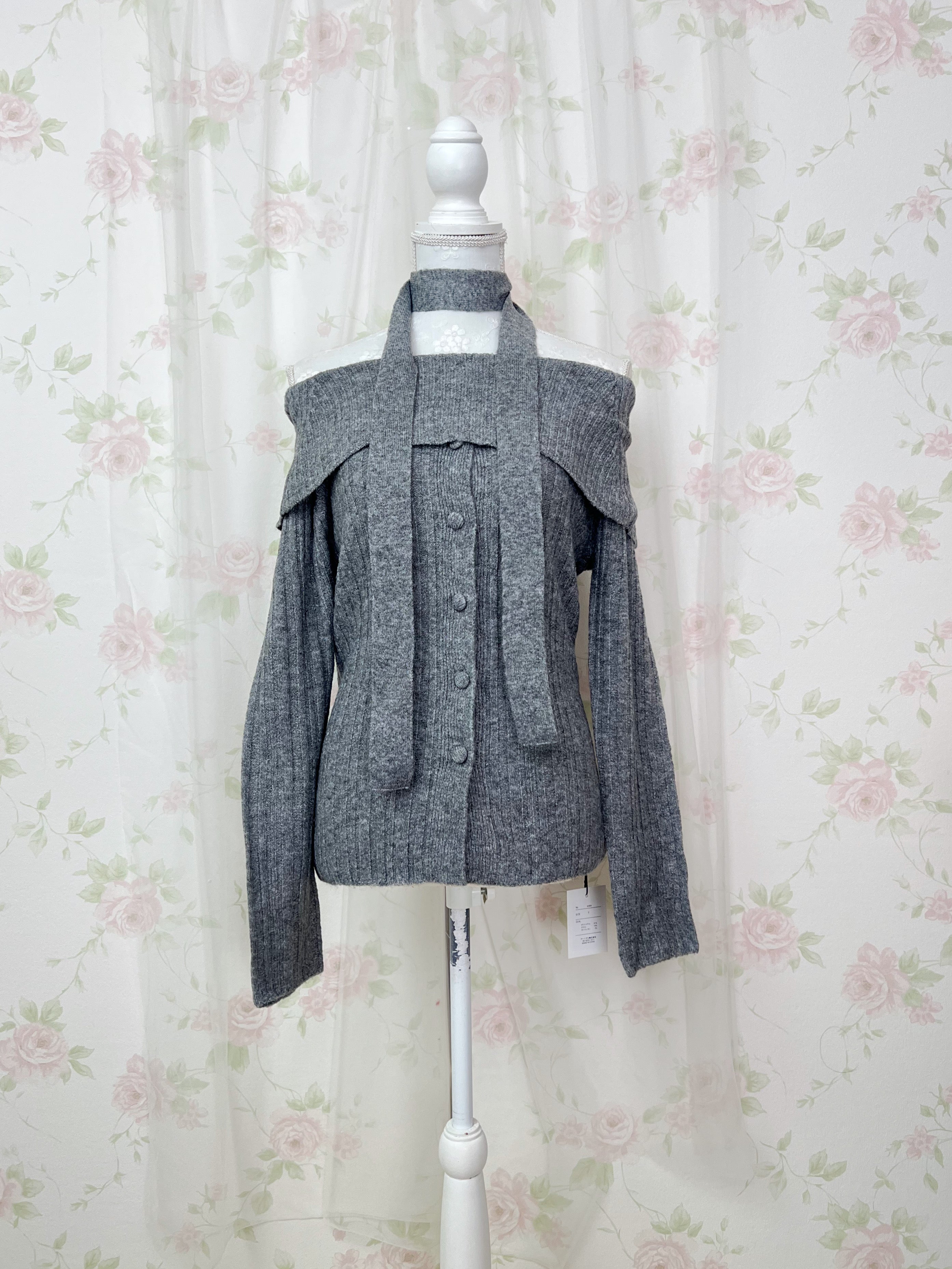 Off Shoulder Button Up Knit Top (Gray)