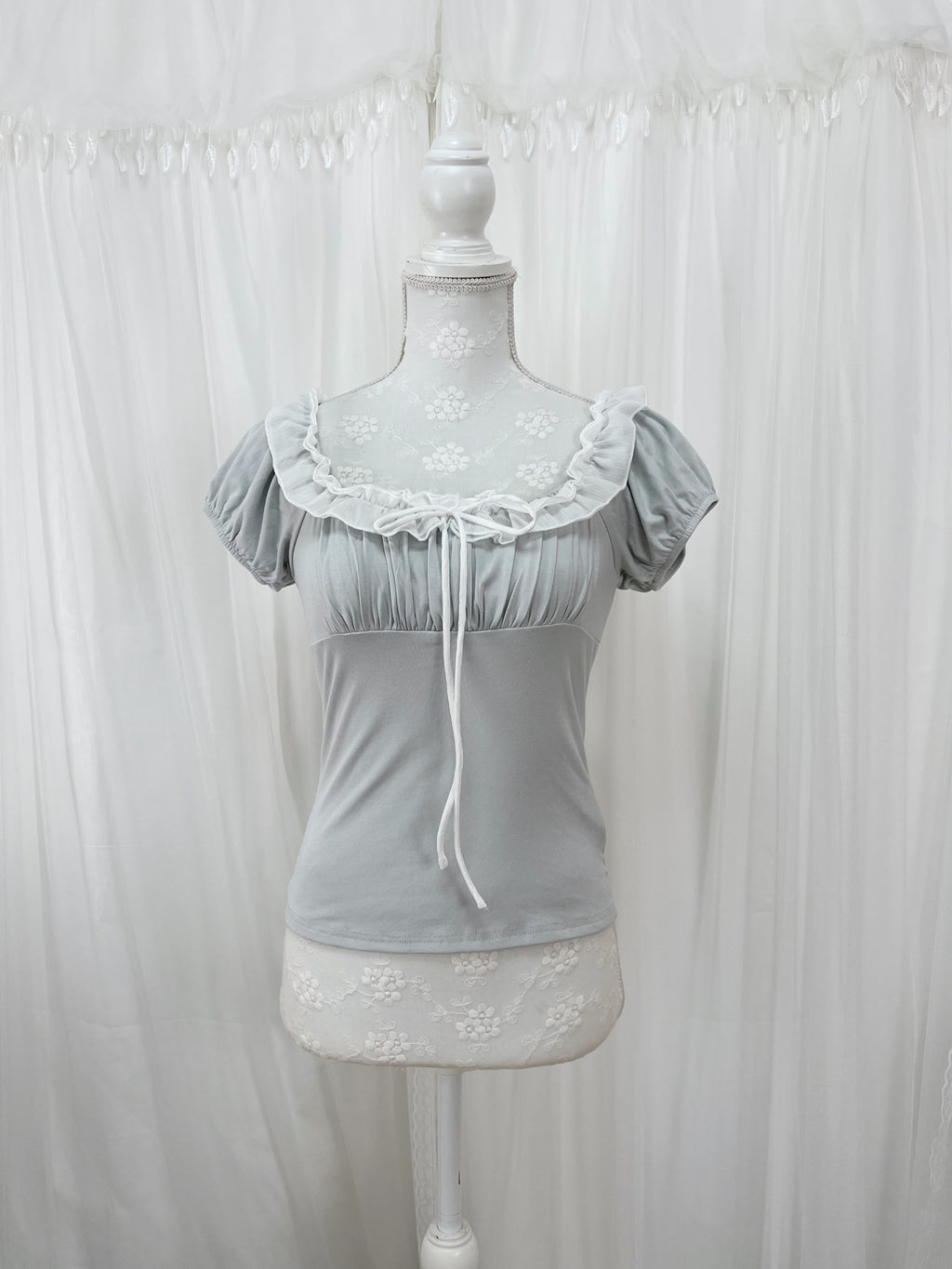 Chiffon Ruffled T-shirt (Blue gray)