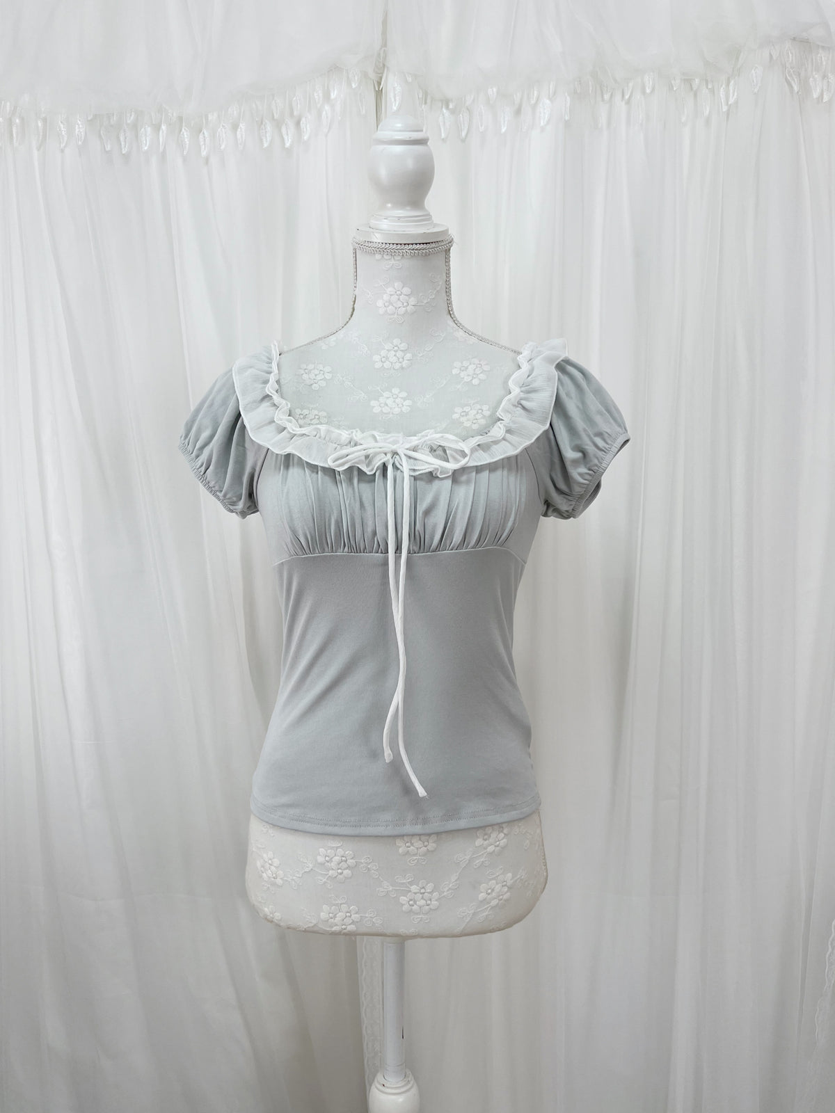 Chiffon Ruffled T-shirt (Blue gray)