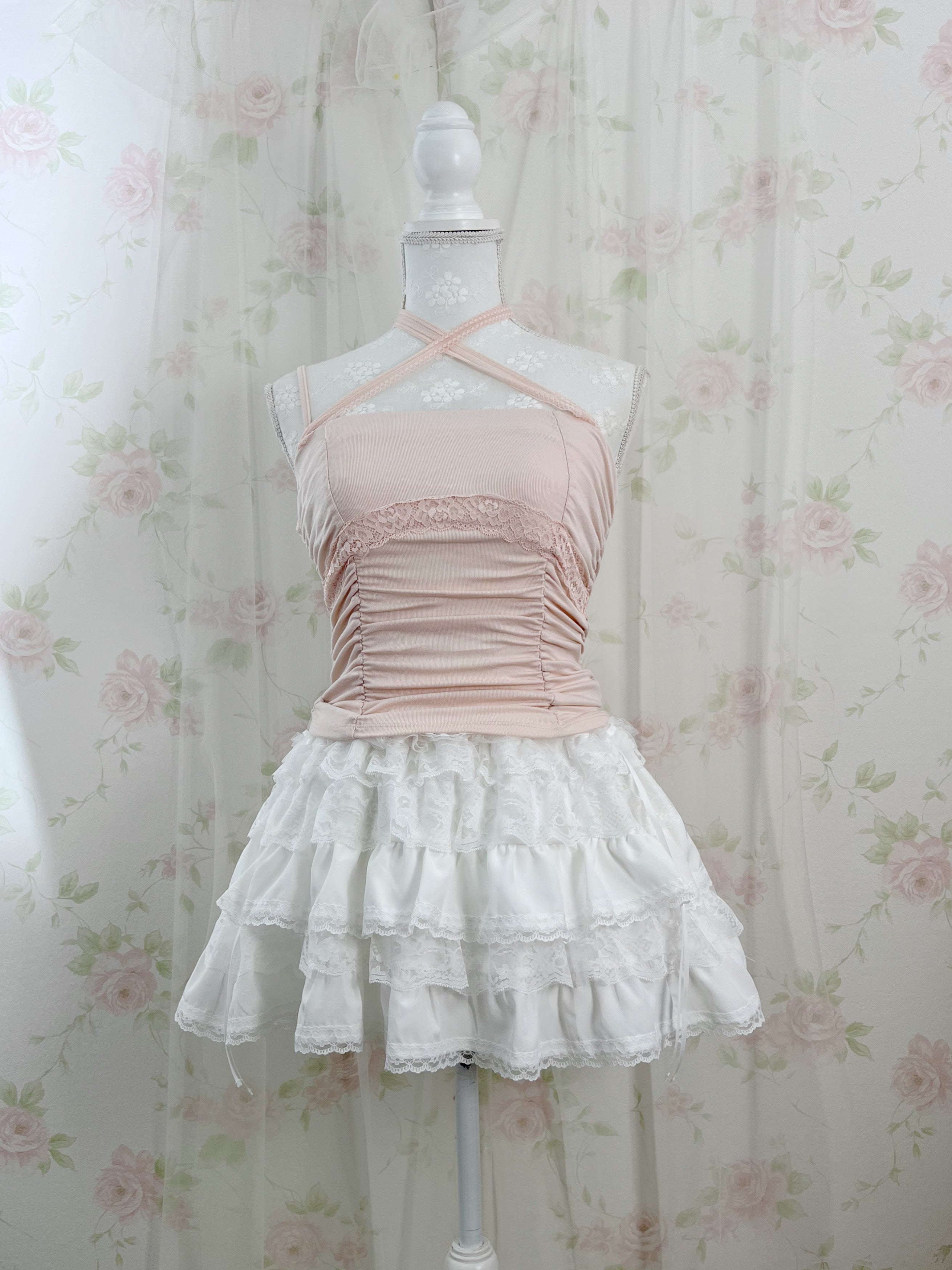 One Shoulder Crossed Halter Neck Top (Pink)