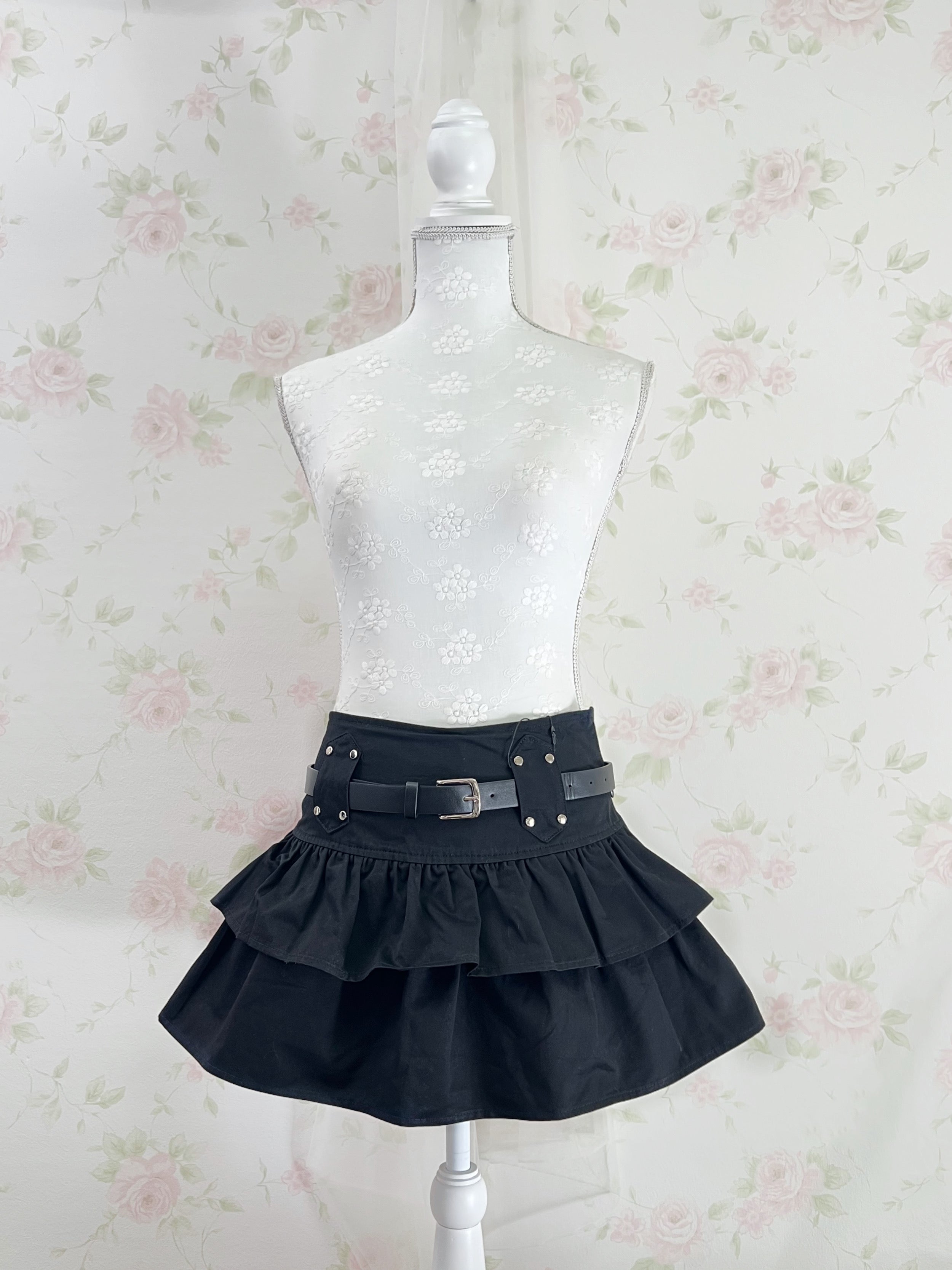 Cotton Tiered Skirt With Belt (Black)