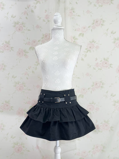 GRL Cotton Tiered Skirt With Belt (Black)