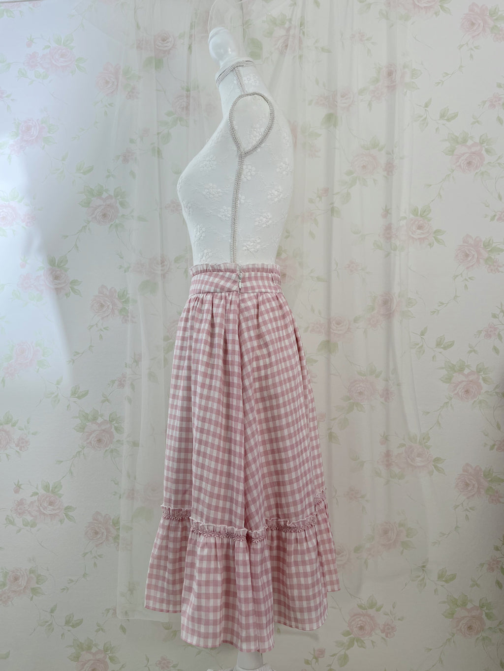 LODISPOTTO Checked Sweet Frilled  Long Skirt (Pink)