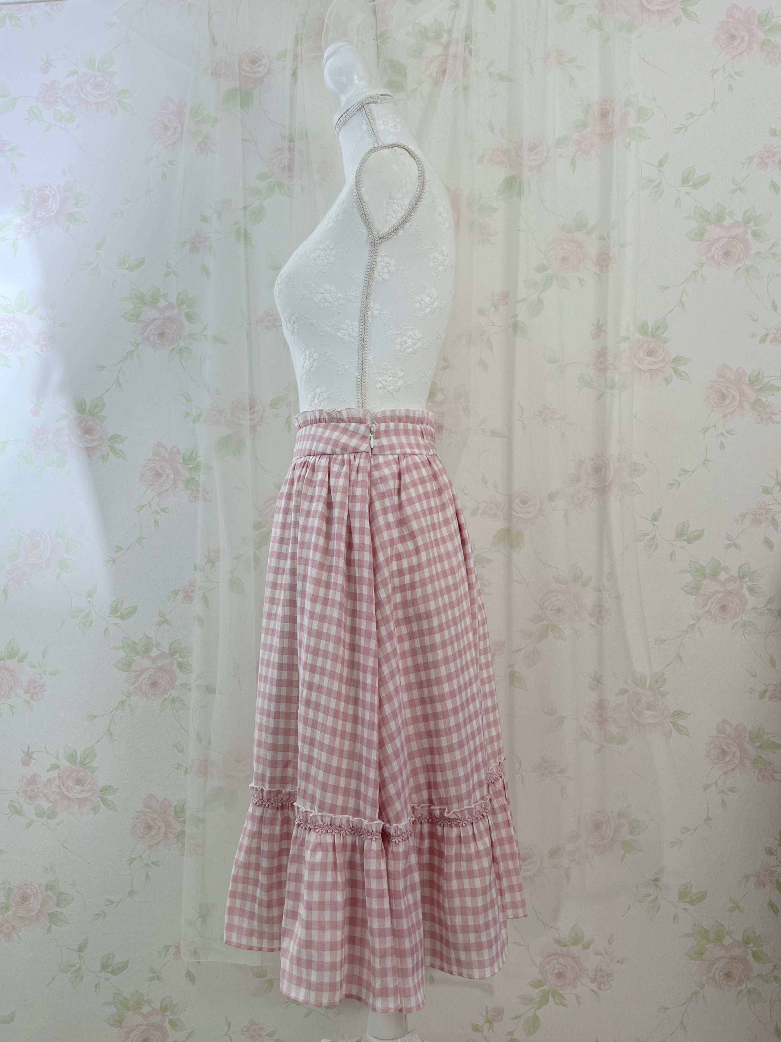 LODISPOTTO Checked Sweet Frilled  Long Skirt (Pink)